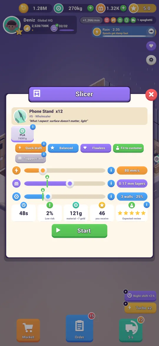The in-game slicer: print speed, layer height and walls sliders with time, risk, filament and expected review